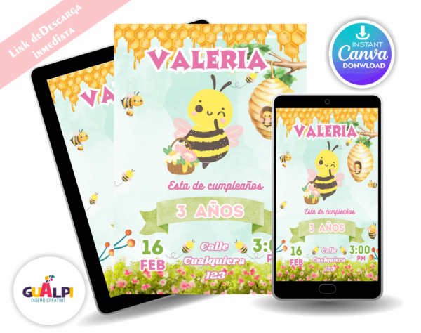 Invitación animada editable de cumpleaños Abejita Acuarela