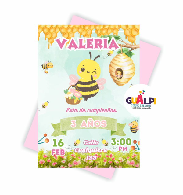 Invitación animada editable de cumpleaños Abejita Acuarela - Imagen 2