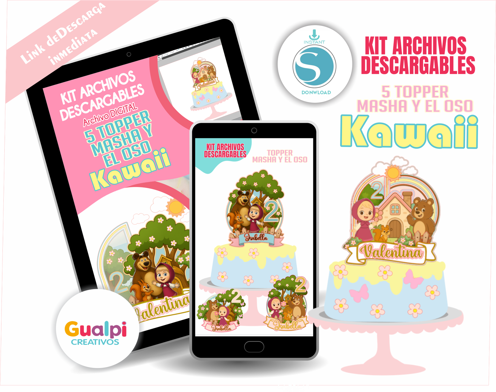 Kit de Toppers Masha y el Oso Kawaii – 5 Diseños Listos para Cortar en cameo