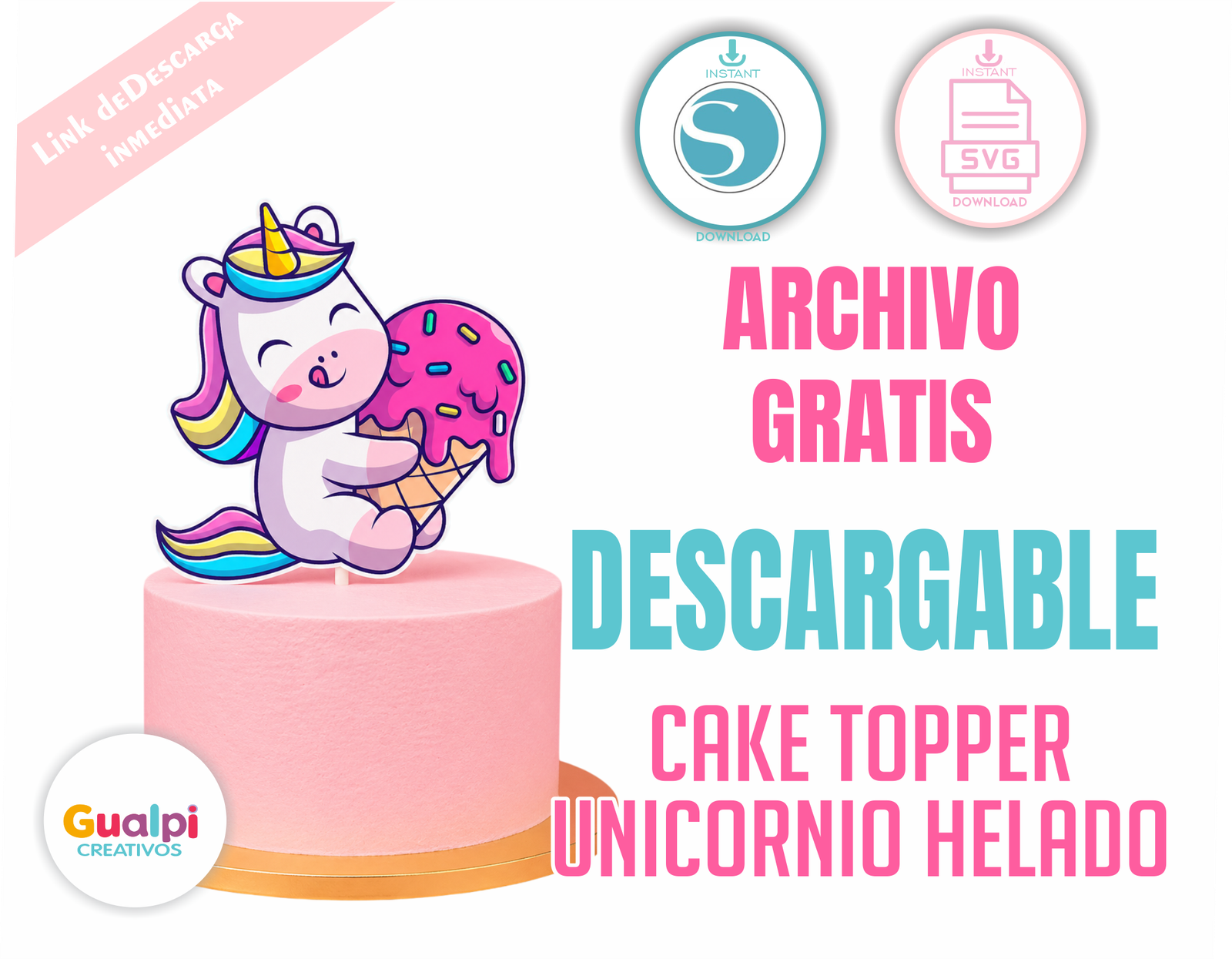 Plantilla Topper Unicornio Kawaii con Helado GRATIS | SVG para Cricut y Silhouette Cameo Cumpleaños Niña